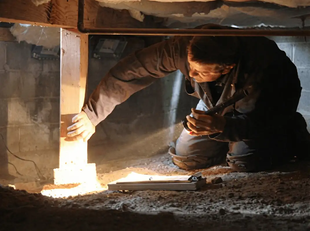 A professional inspecting wooden beams under the floor of a structure in Bloomington, IN