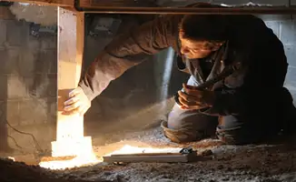 A professional inspecting wooden beams under the floor of a structure in Bloomington, IN